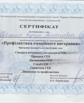 Сертификат "Профилактика эмоционального выгорания "
