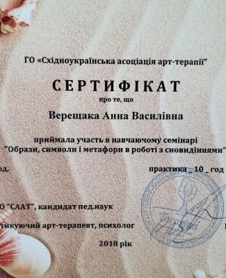 Сертификат "Образы, символы и метафоры в работе со сновидениями"