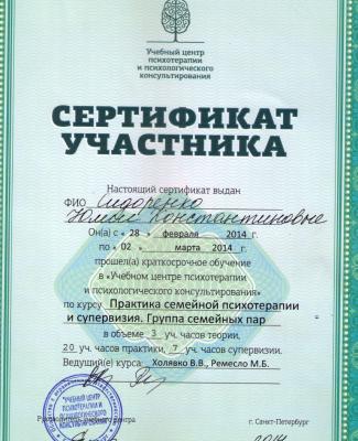 Сертификат "Практика семейной психотерапии и супервизия. Группа семейных пар"