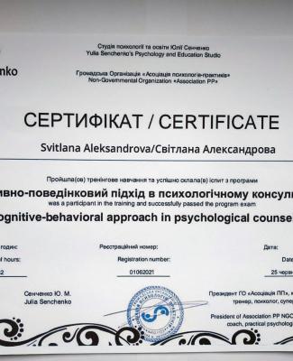 Психолог Cвітлана Александрова, Тренінгове навчання "Когнітивно-поведінковий підхід в психологічному консультуванні"